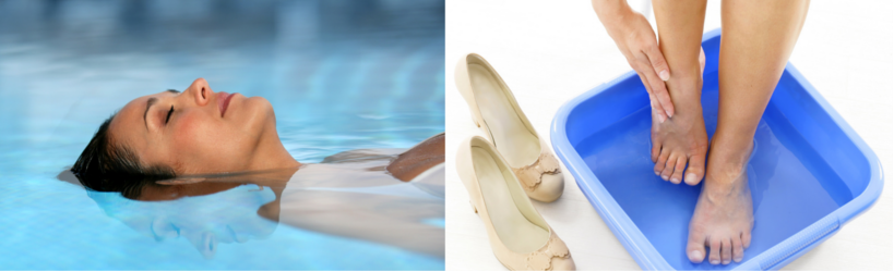 zwei Bilder Zusammen. Eine Frau entspannt in einem Pool. Eine Frau nimmt ein Fußbad